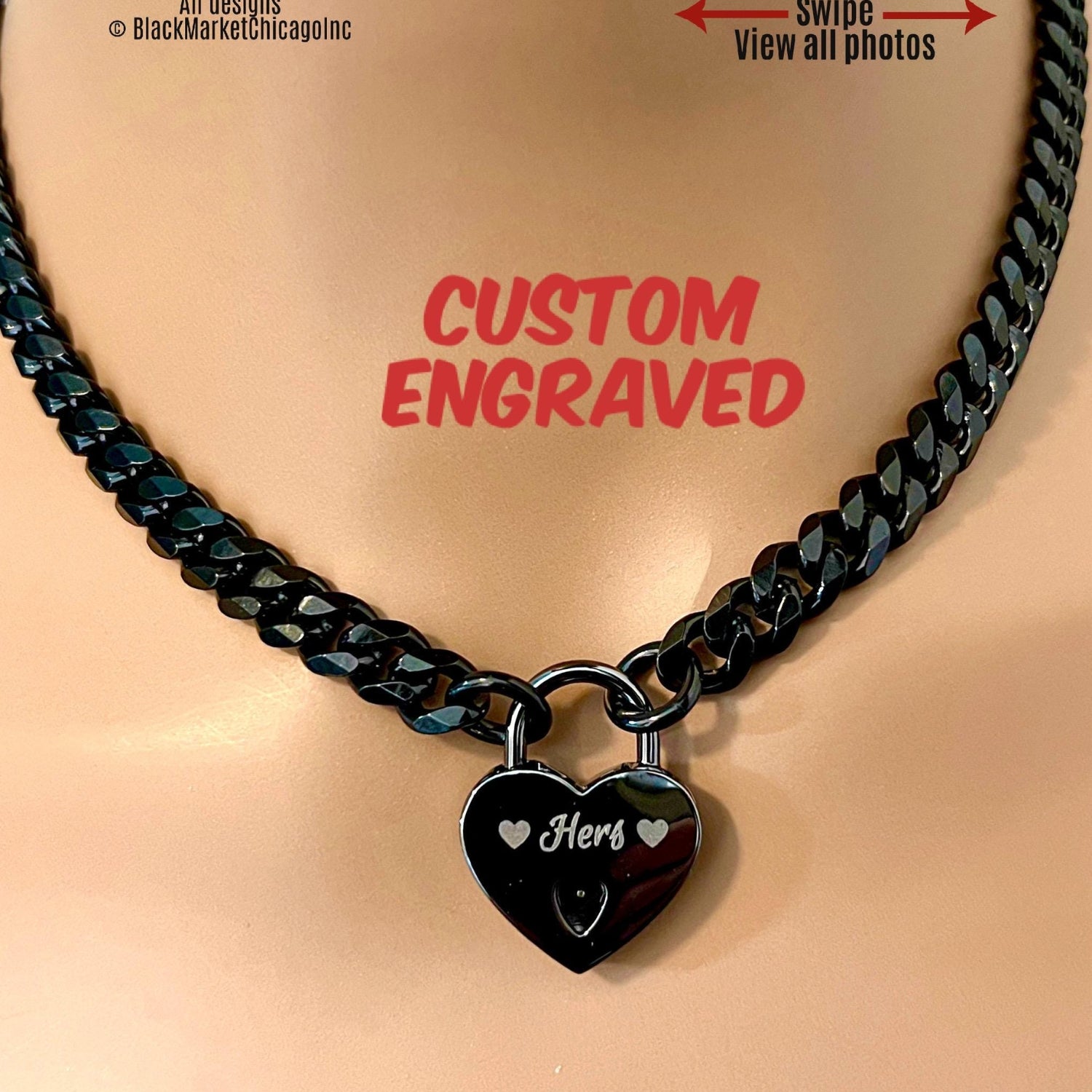 Day Collar, Engraved Heart Padlock, GUNMETAL Black, Stainless Steel Chain