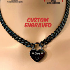 Day Collar, Engraved Heart Padlock, GUNMETAL Black, Stainless Steel Chain