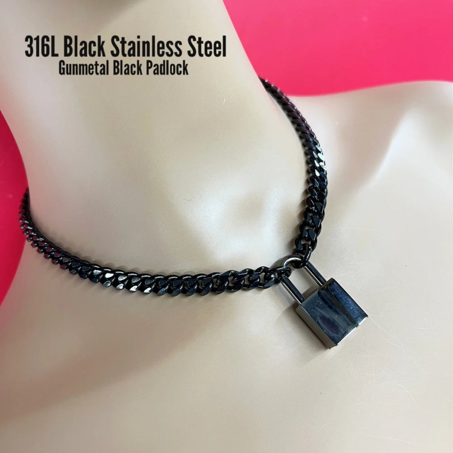 Locking Day Collar, BLACK Stainless Steel Chain, Gunmetal  Padlock