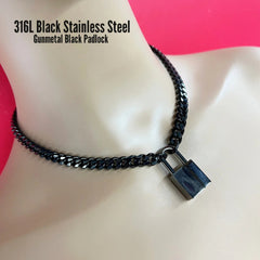 Locking Day Collar, BLACK Stainless Steel Chain, Gunmetal  Padlock
