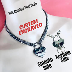 Custom Engraved Sub Day Collar, Stainless Steel Chain, NICKEL Heart Padlock