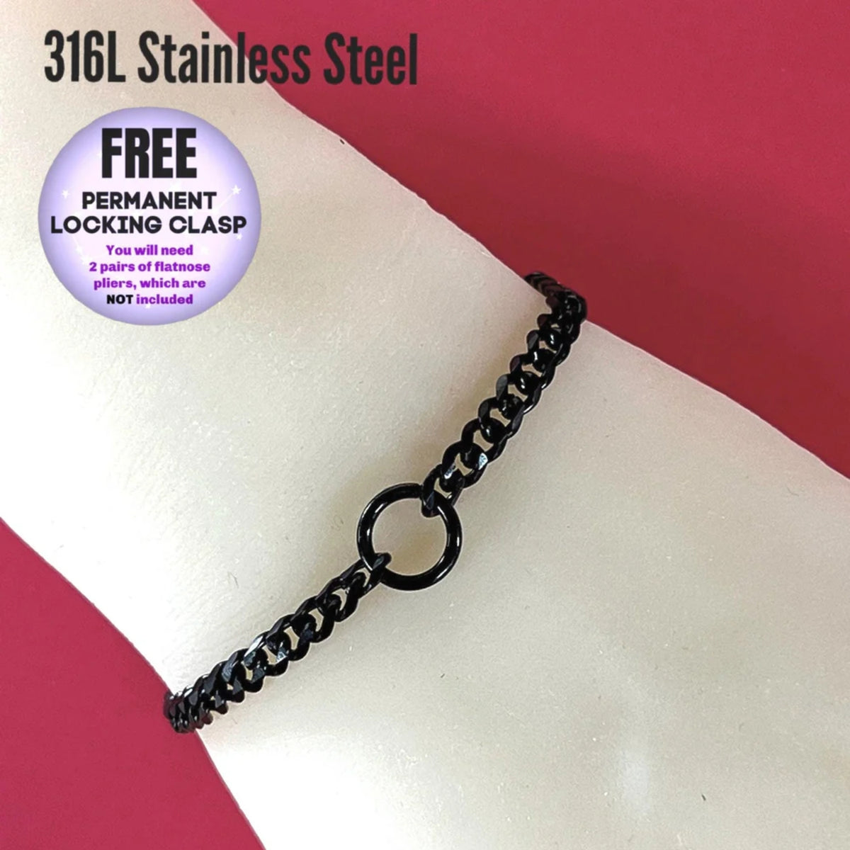 Discreet O-Ring Day Collar Bracelet, Waterproof, 24/7, BLACK Stainless Steel