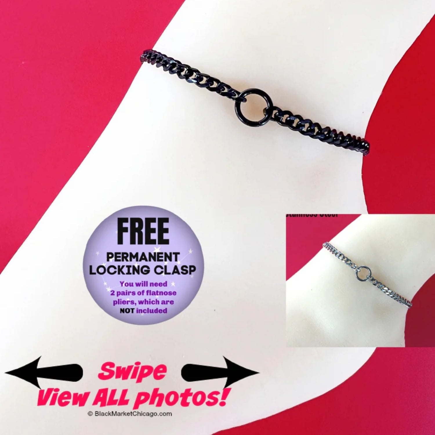 24/7 Sub Day Collar Ankle Bracelet, O-Ring, BLACK Stainless Steel, Waterproof, Permanent Lock option