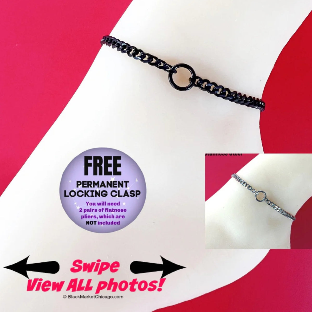 24/7 Sub Day Collar Ankle Bracelet, O-Ring, BLACK Stainless Steel, Waterproof, Permanent Lock option