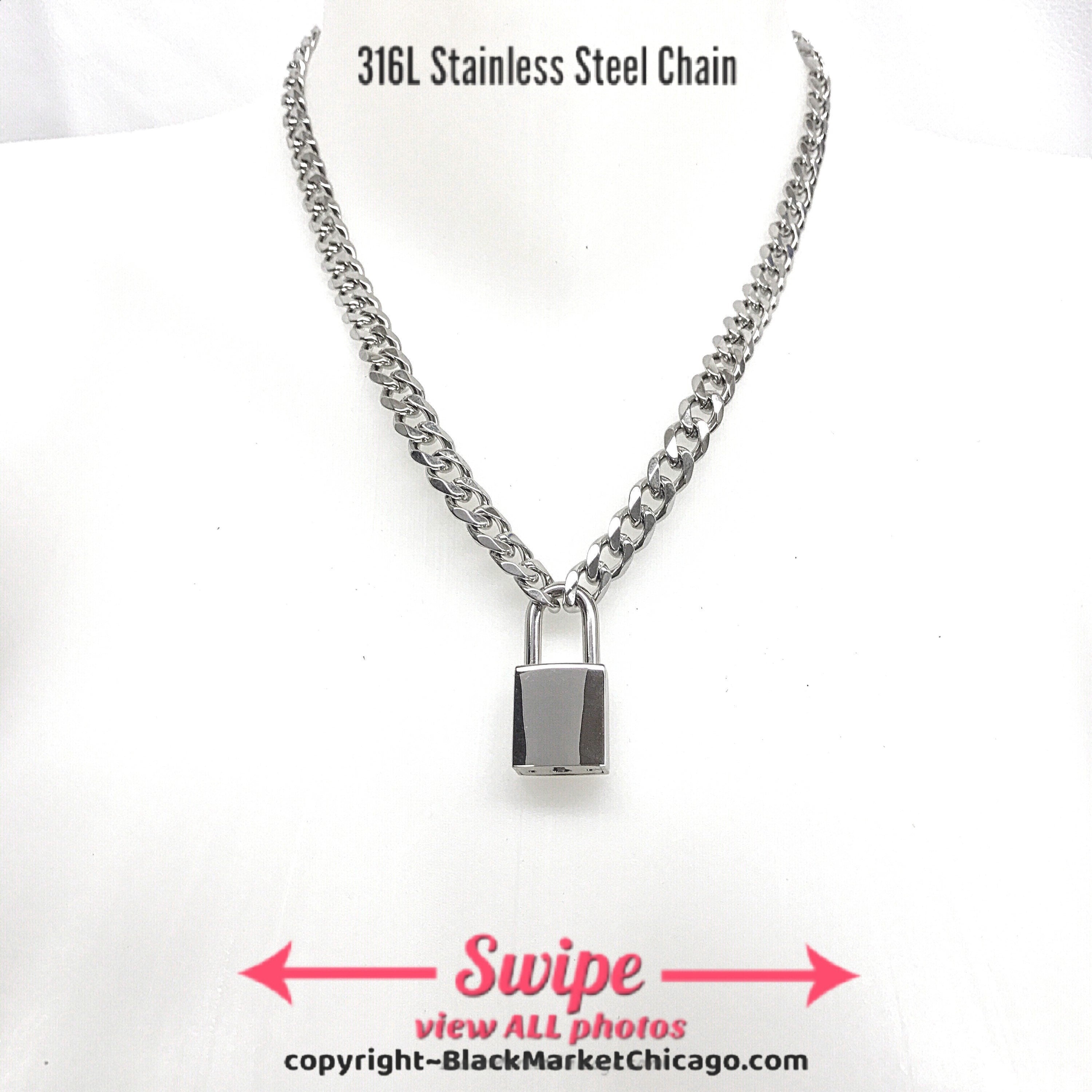 Padlock Sub Day Collar, NICKEL Steel Square Padlock, Stainless Steel Chain