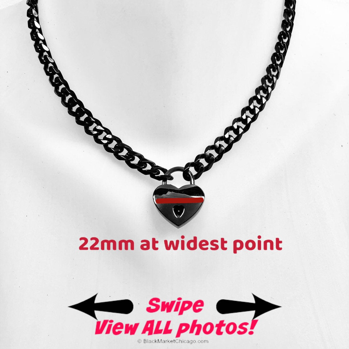 Discrete Chain & Padlock Day Collar BLACK 316L Stainless Steel w Small HEART Gunmetal Locking Slave Choker or Necklace
