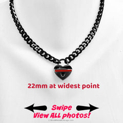 Discrete Chain & Padlock Day Collar BLACK 316L Stainless Steel w Small HEART Gunmetal Locking Slave Choker or Necklace