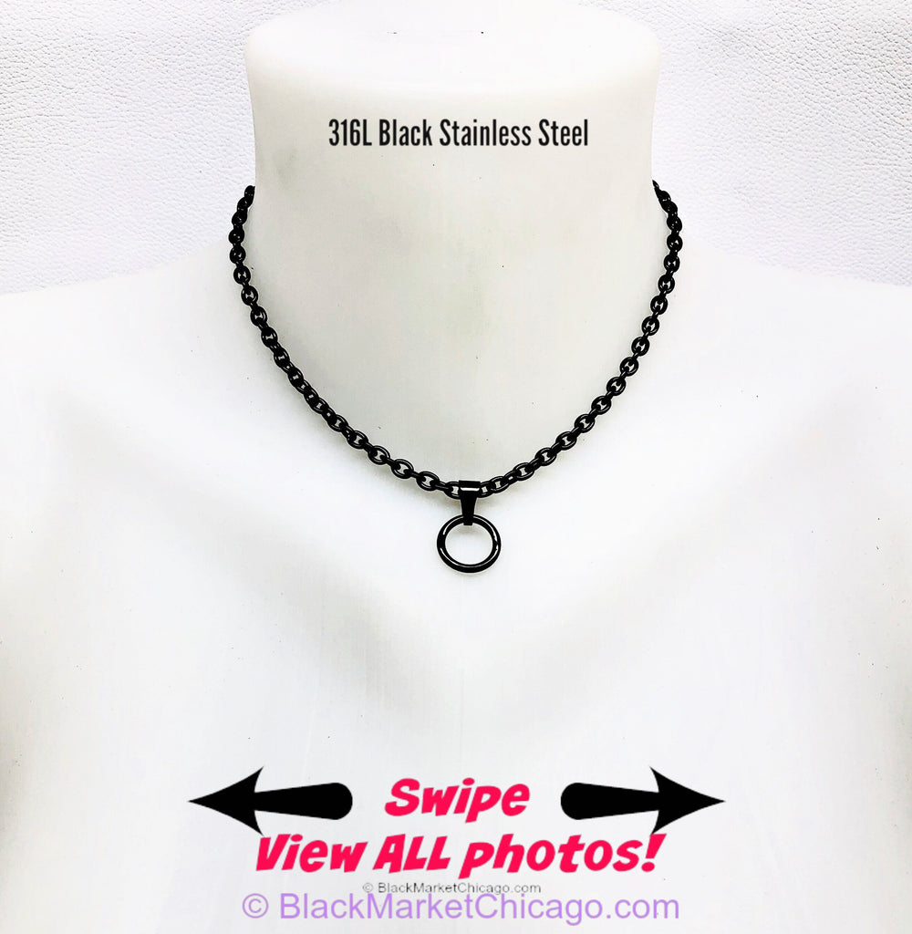 Discreet Submissive Day Collar, Waterproof Locking, O-Ring Necklace, Black Stainless Steel