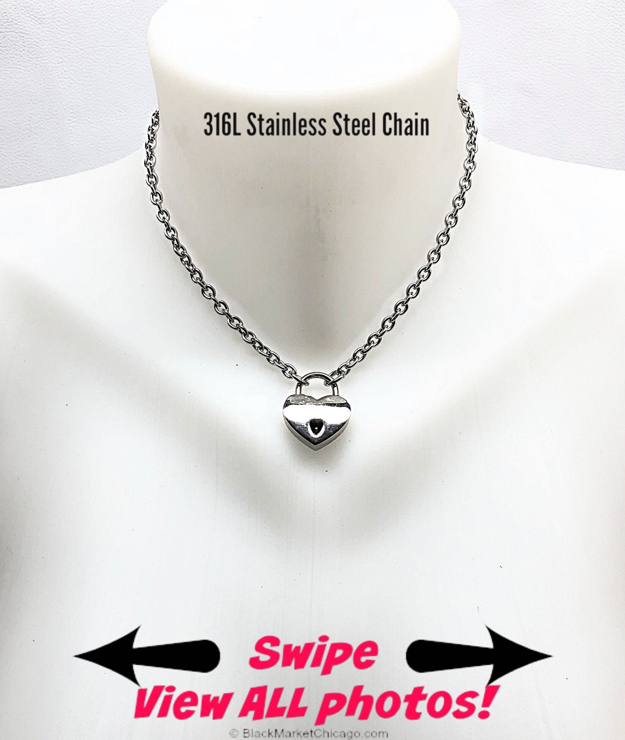 BDSM Day Collar 316L Stainless Steel Cable Dainty Chain with Small Mini HEART Padlock Closure Submissive Necklace