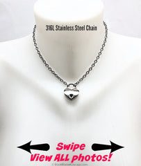 BDSM Day Collar 316L Stainless Steel Cable Dainty Chain with Small Mini HEART Padlock Closure Submissive Necklace