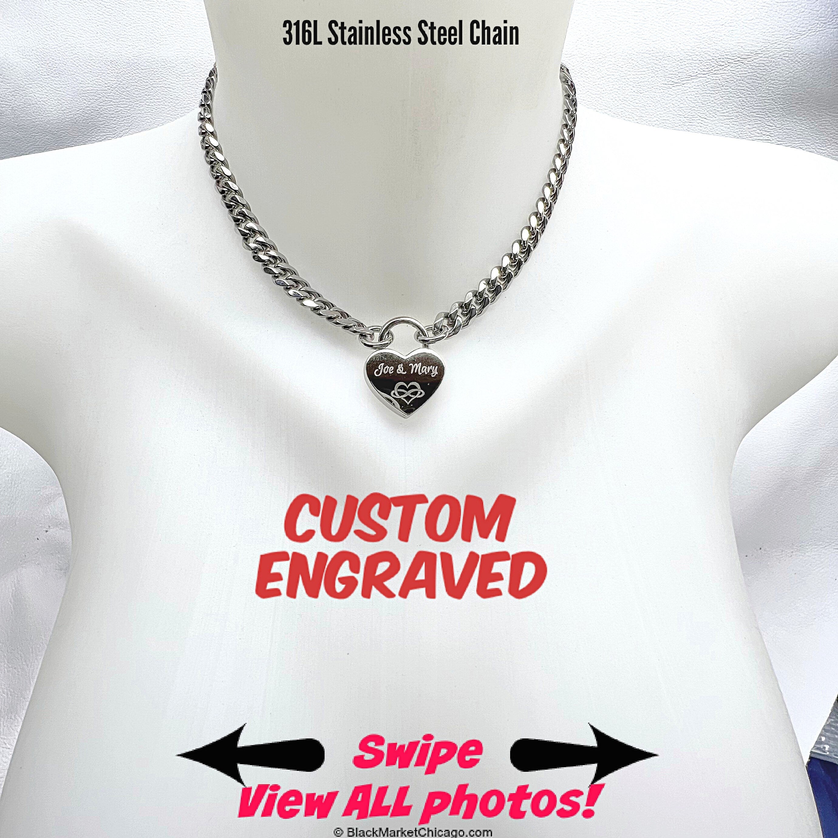 Sub Day Collar Locking Custom Engraved 316L Stainless Steel Chain and SMALL Nickel Heart Padlock Submissive Choker or Necklace