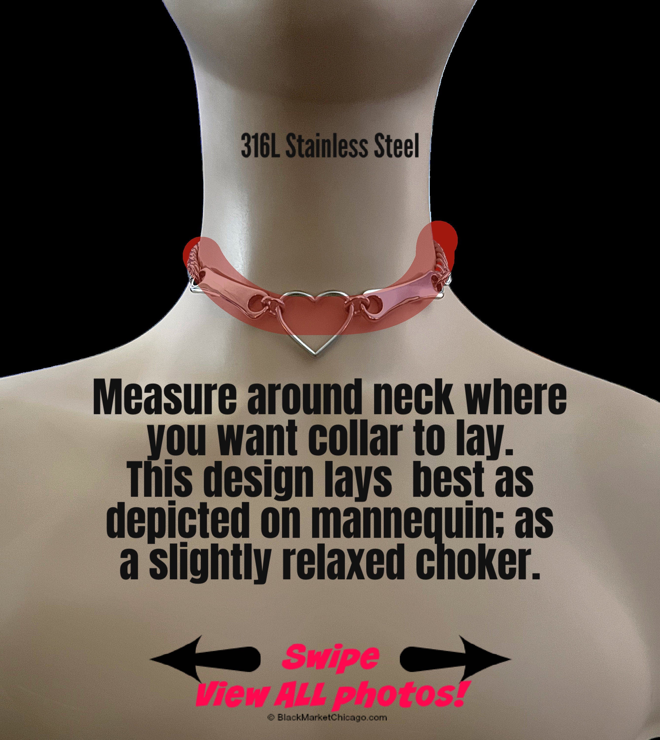 Discreet Sub Day Collar, 24/7 Permanent Locking Option, Stainless Steel, Heart and Steel Bars