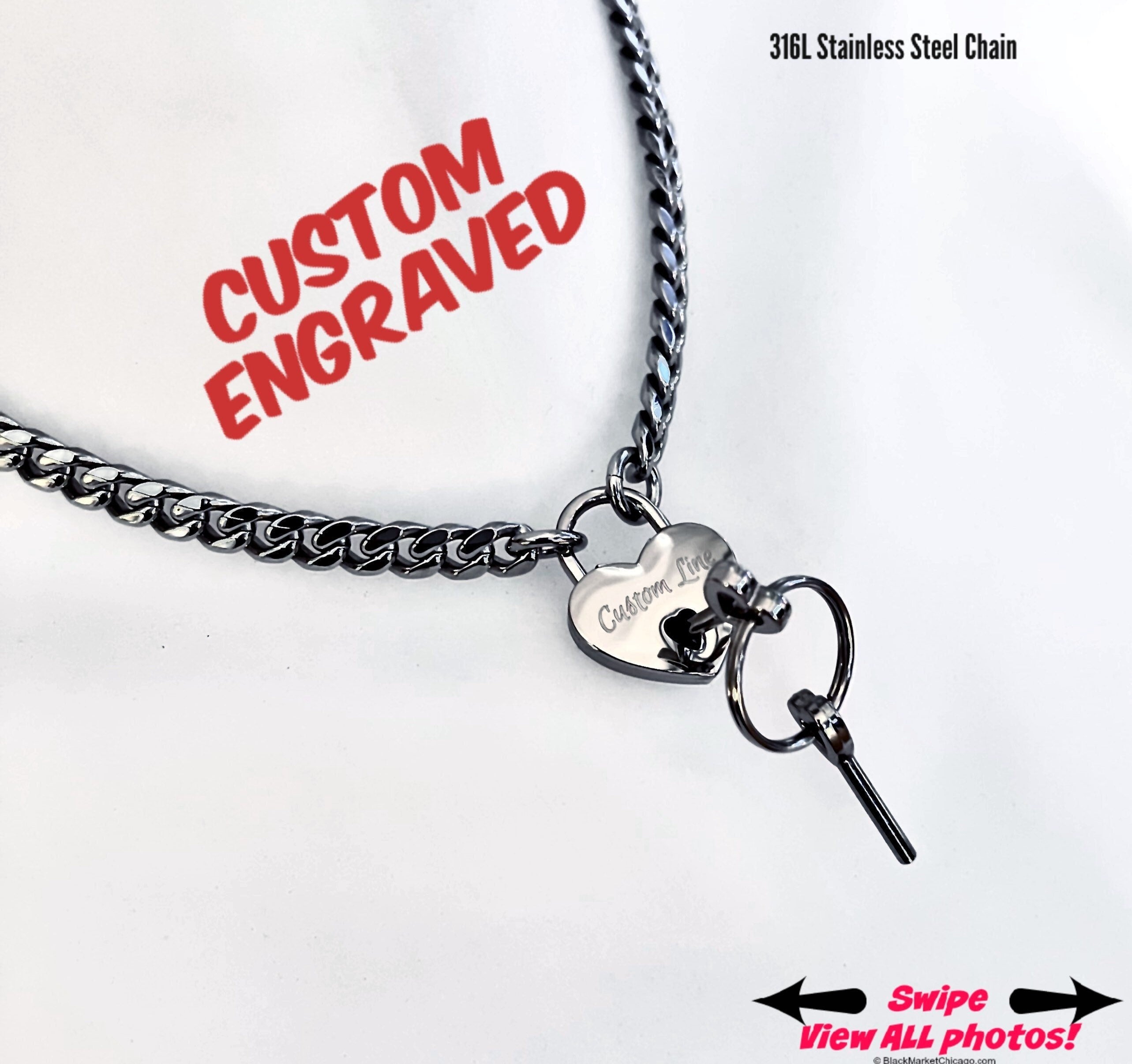 Sub Day Collar Locking Custom Engraved 316L Stainless Steel Chain and SMALL Nickel Heart Padlock Submissive Choker or Necklace