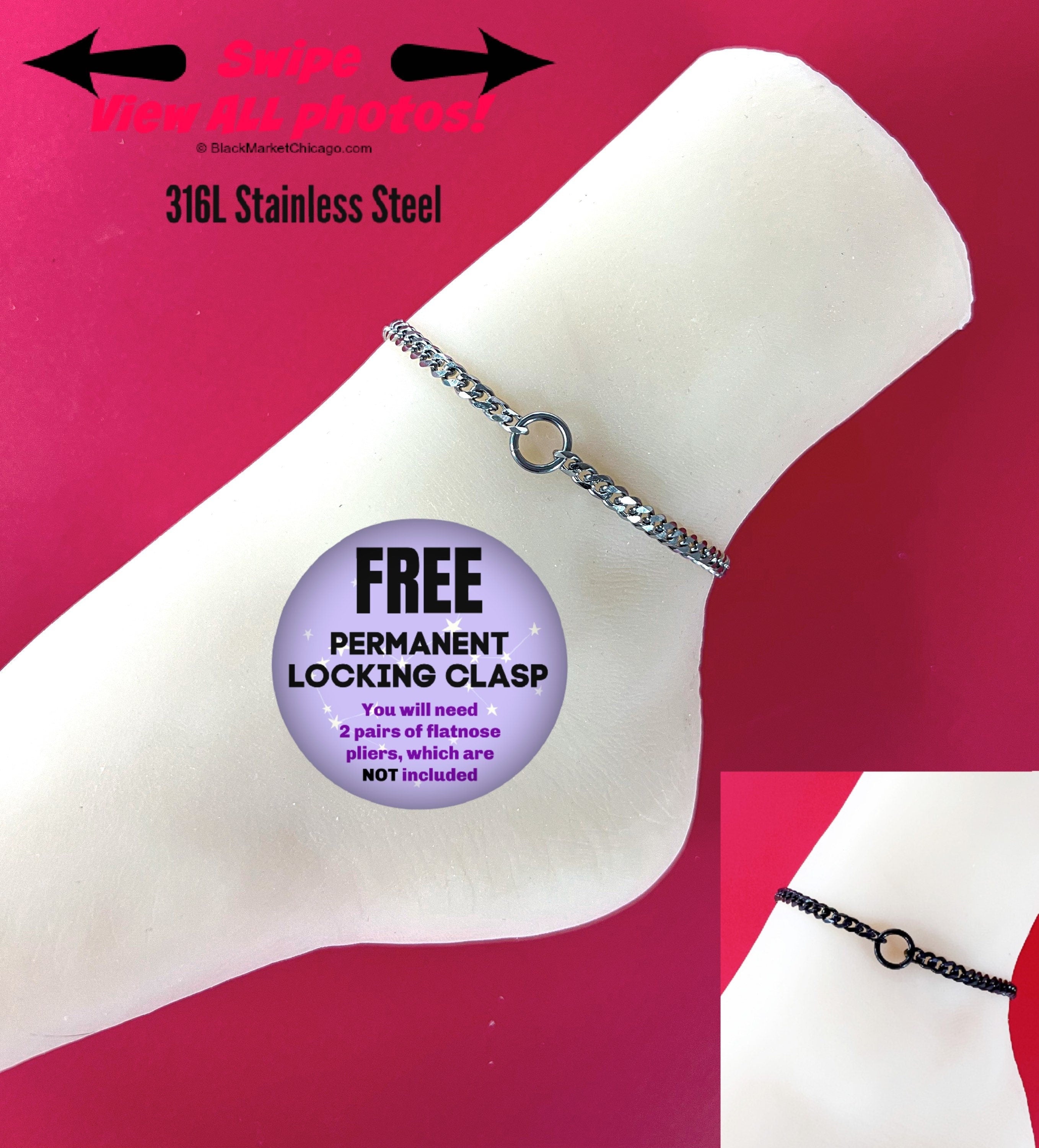 Sub or Dom Ankle Bracelet, Discreet, Waterproof, Permanent Locking option, 24/7 Wear, All Stainless Steel