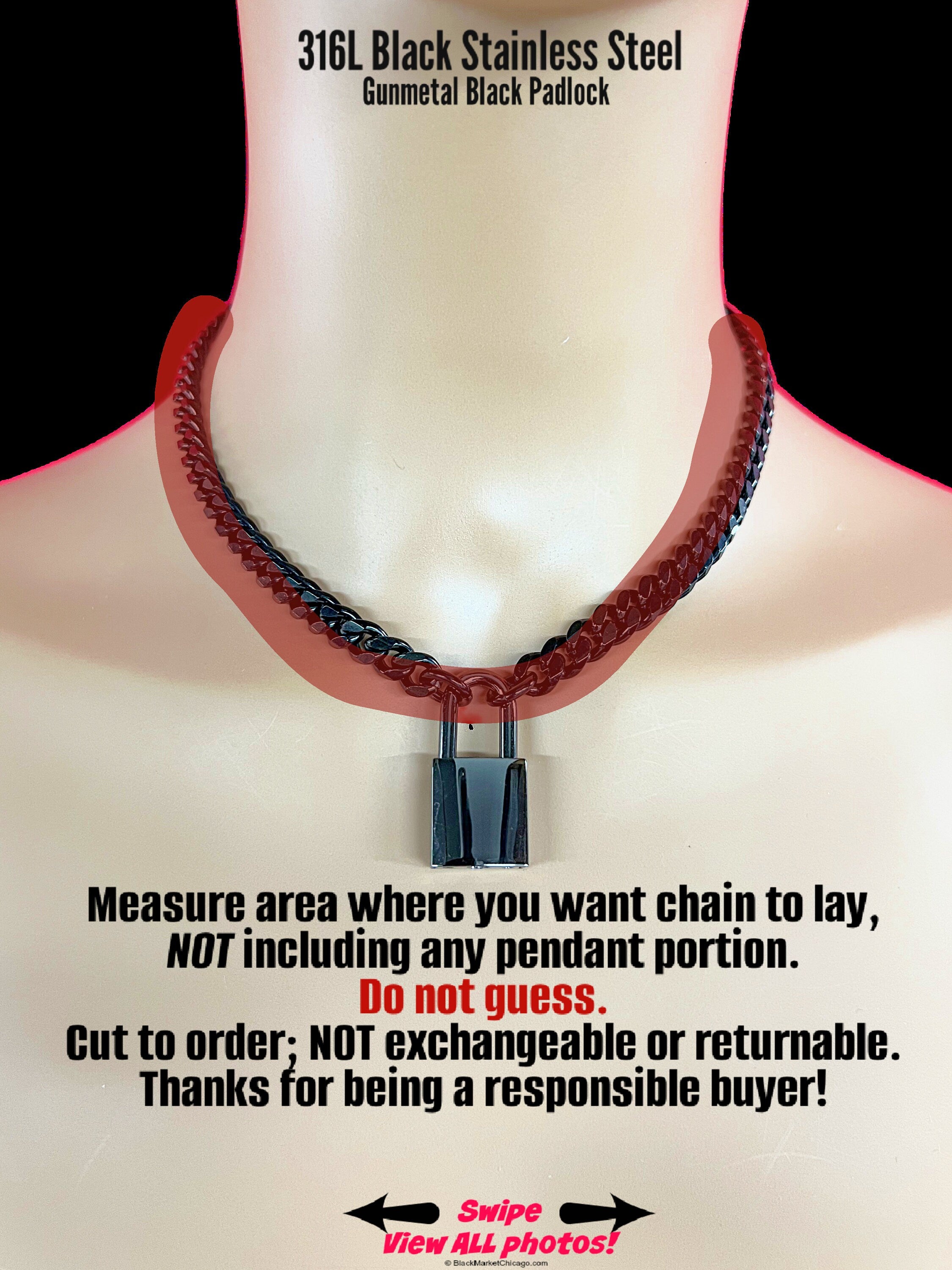 Locking Chain Day Collar BLACK 316L Stainless Steel SQUARE Gun-Metal PADLOCK Slave Choker or Necklace