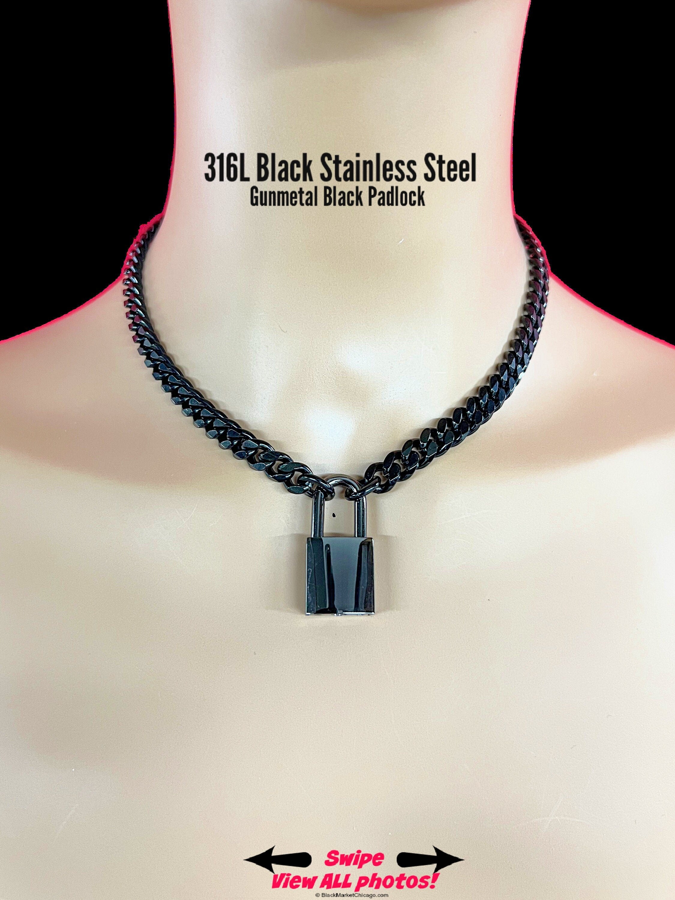 Locking Chain Day Collar BLACK 316L Stainless Steel SQUARE Gun-Metal PADLOCK Slave Choker or Necklace