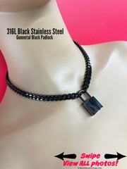 Locking Chain Day Collar BLACK 316L Stainless Steel SQUARE Gun-Metal PADLOCK Slave Choker or Necklace
