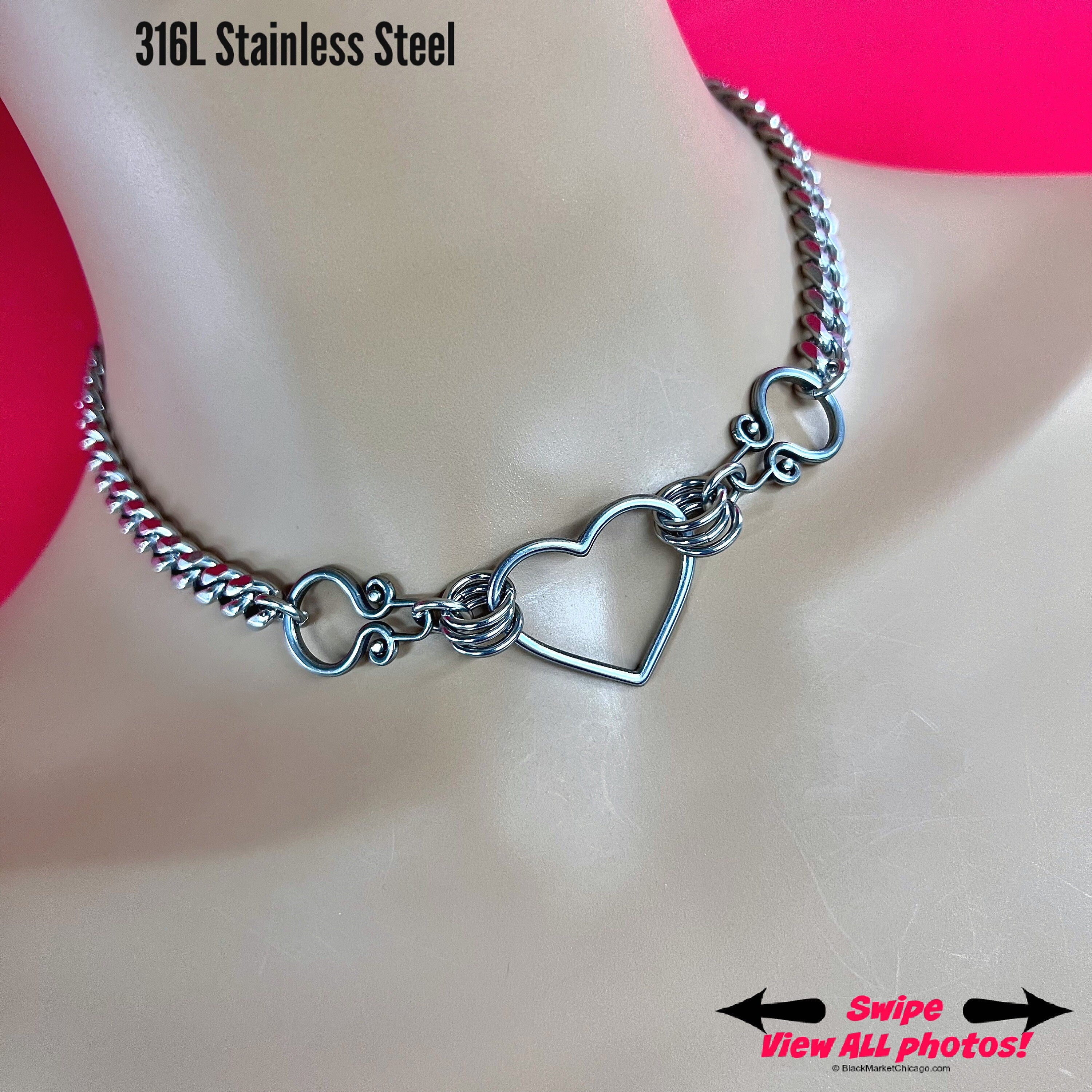 Gothic Day Collar, THICK Chain + Heart Ring, Stainless Steel, Waterproof