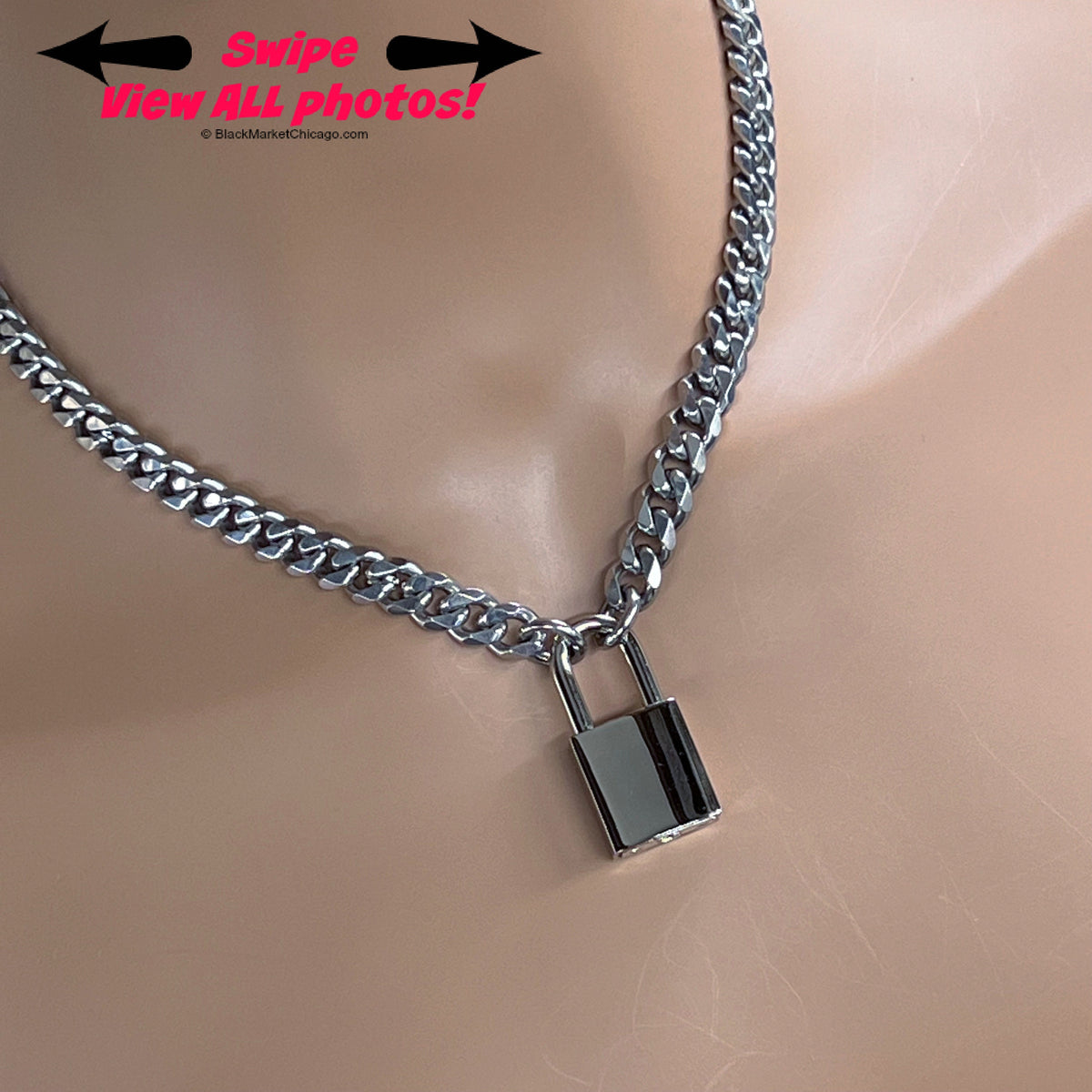 Padlock Sub Day Collar, NICKEL Steel Square Padlock, Stainless Steel Chain