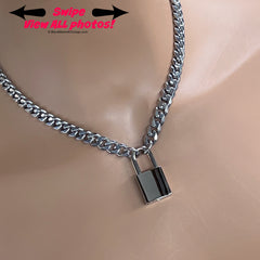 Padlock Sub Day Collar, NICKEL Steel Square Padlock, Stainless Steel Chain