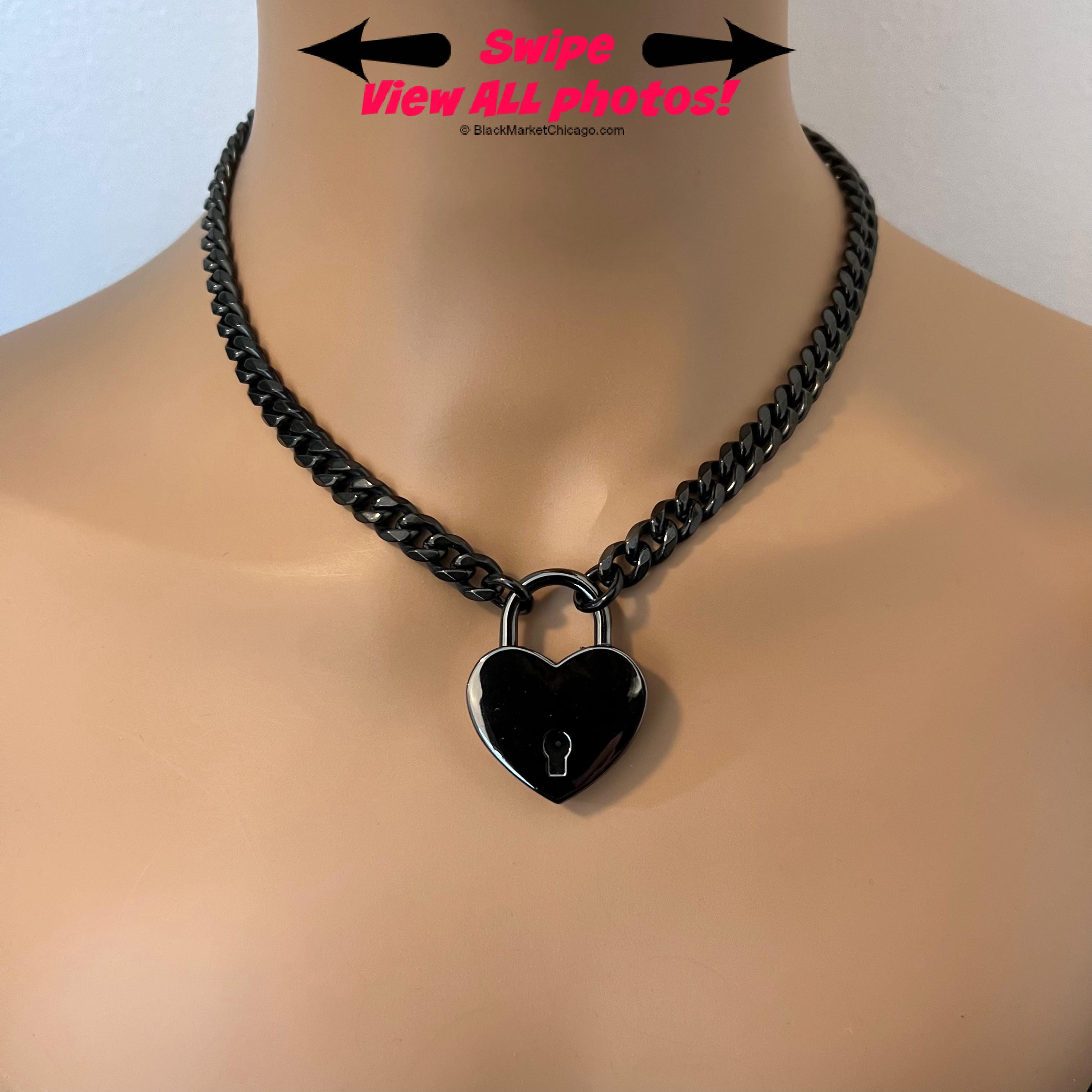 BDSM Day Collar Submissive 316L Black Stainless Steel Chain and GUNMETAL Black LARGE Heart Padlock Slave Choker or Necklace