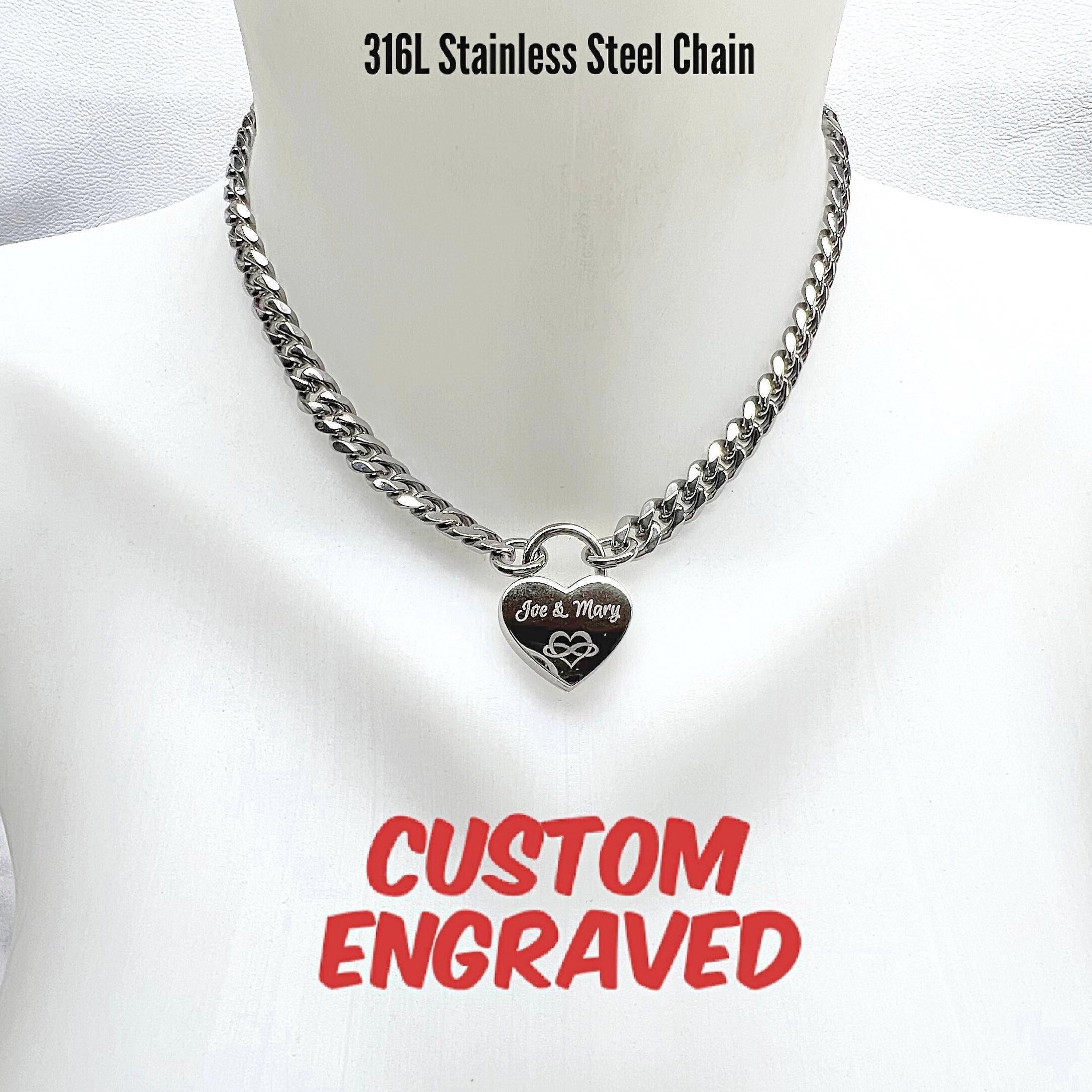 Sub Day Collar, Personalized Engraving, Nickel Heart Padlock, Stainless Steel Chain Necklace