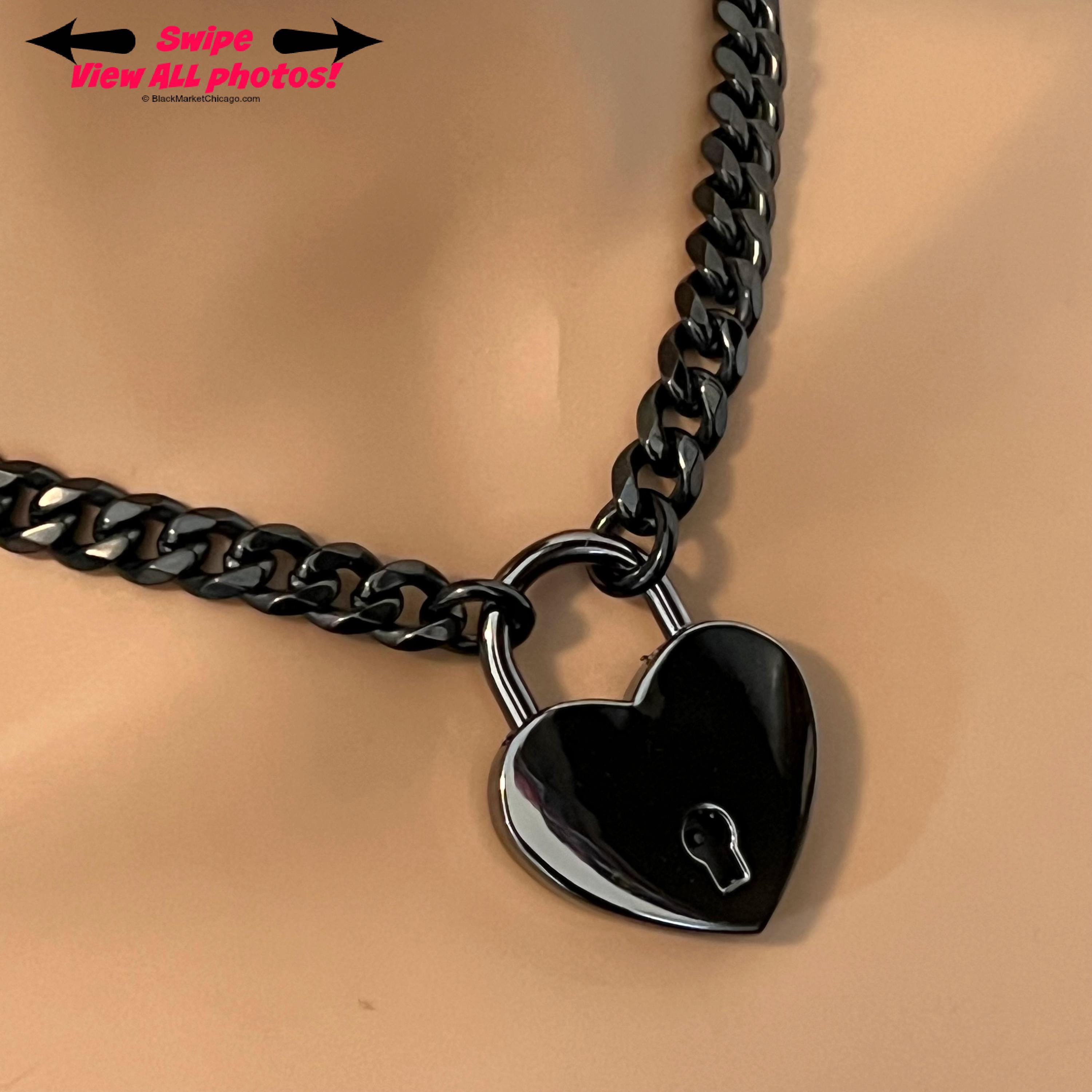 BDSM Day Collar Submissive 316L Black Stainless Steel Chain and GUNMETAL Black LARGE Heart Padlock Slave Choker or Necklace
