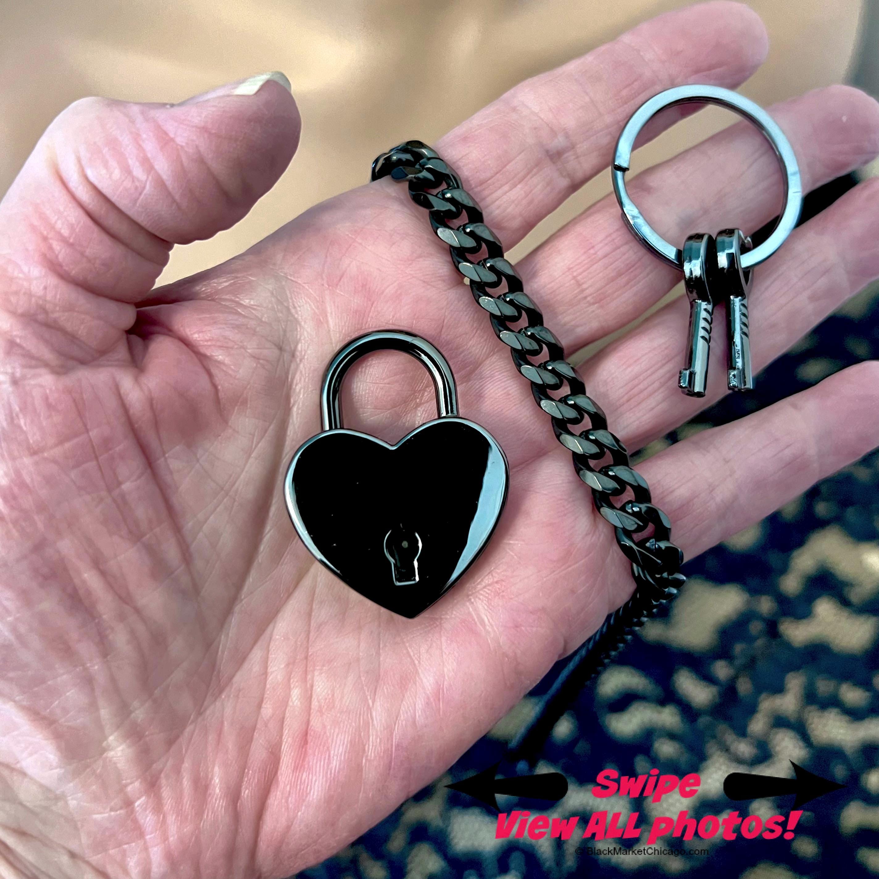 BDSM Day Collar Submissive 316L Black Stainless Steel Chain and GUNMETAL Black LARGE Heart Padlock Slave Choker or Necklace
