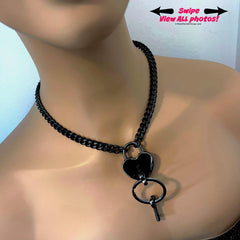 black stainless steel chunky chain with large heart padlock and keys