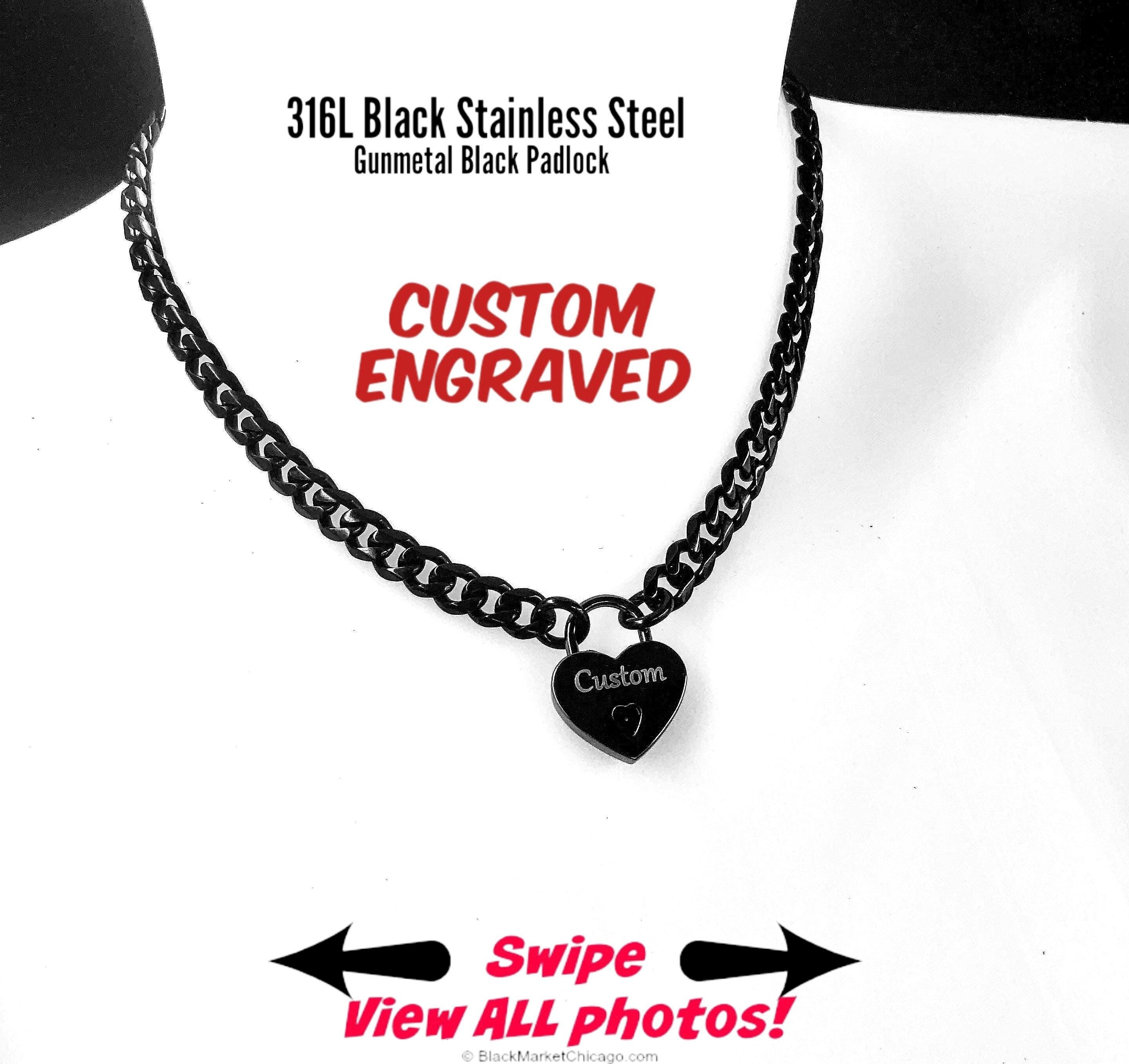 Custom Engraved Lock Day Collar GUNMETAL Black 316L Stainless Steel Chain and SMALL Heart Padlock Locking Choker or Necklace