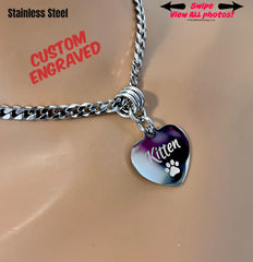 Sub Collar, Custom Engraved. Permanent Lock option, Heart Pendant, All Stainless Steel
