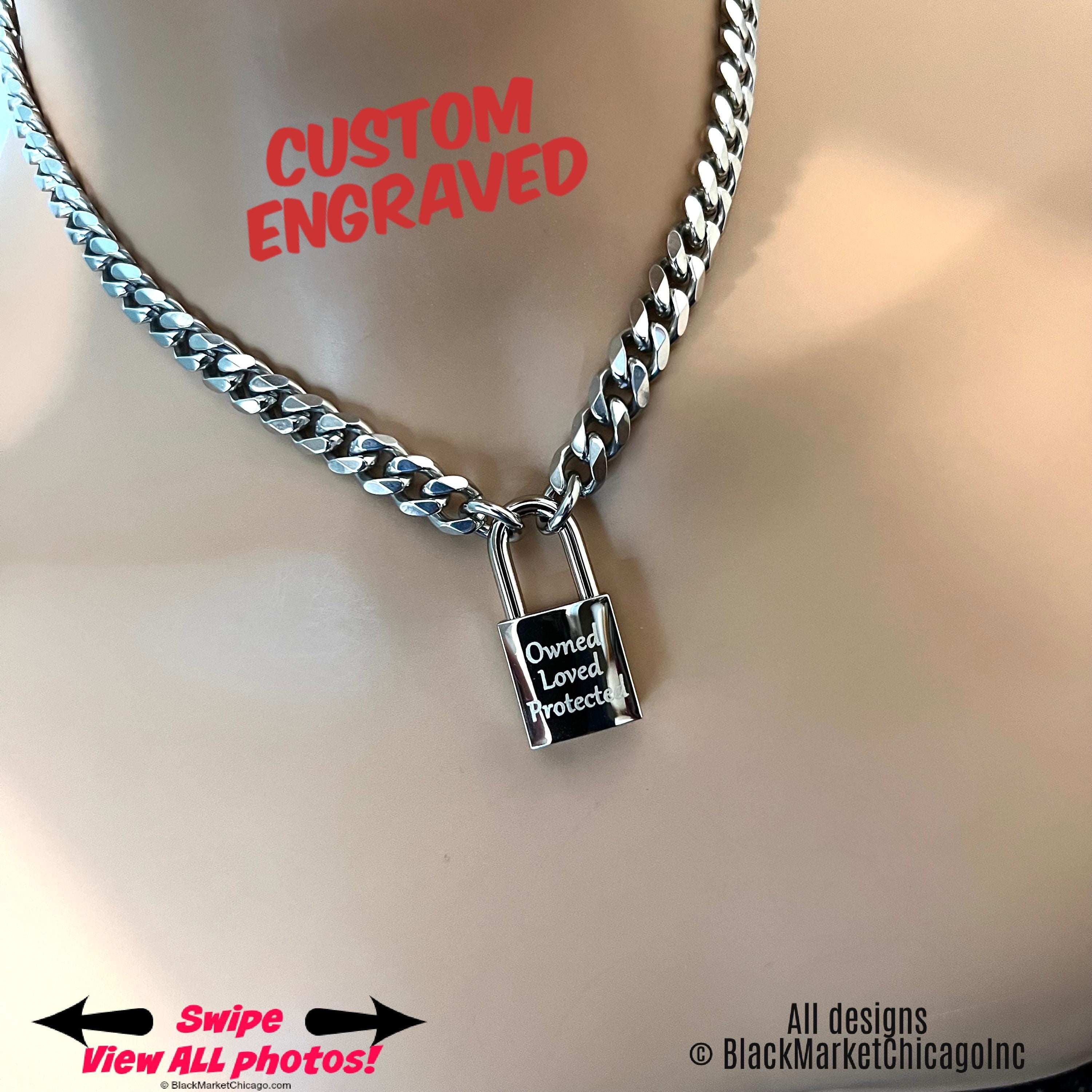 Submissive Day Collar Custom Engraved NICKEL Silver SQUARE Padlock 316L Stainless Steel Chain Locking Choker or Necklace