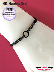 Discreet bdsm day collar o-ring bracelet; solid black stainless steel; dainty 10mm o-ring and 5mm sparkly curb chain; 24/7 permanent lock option. Handmade to order submissive gift; unisex.
