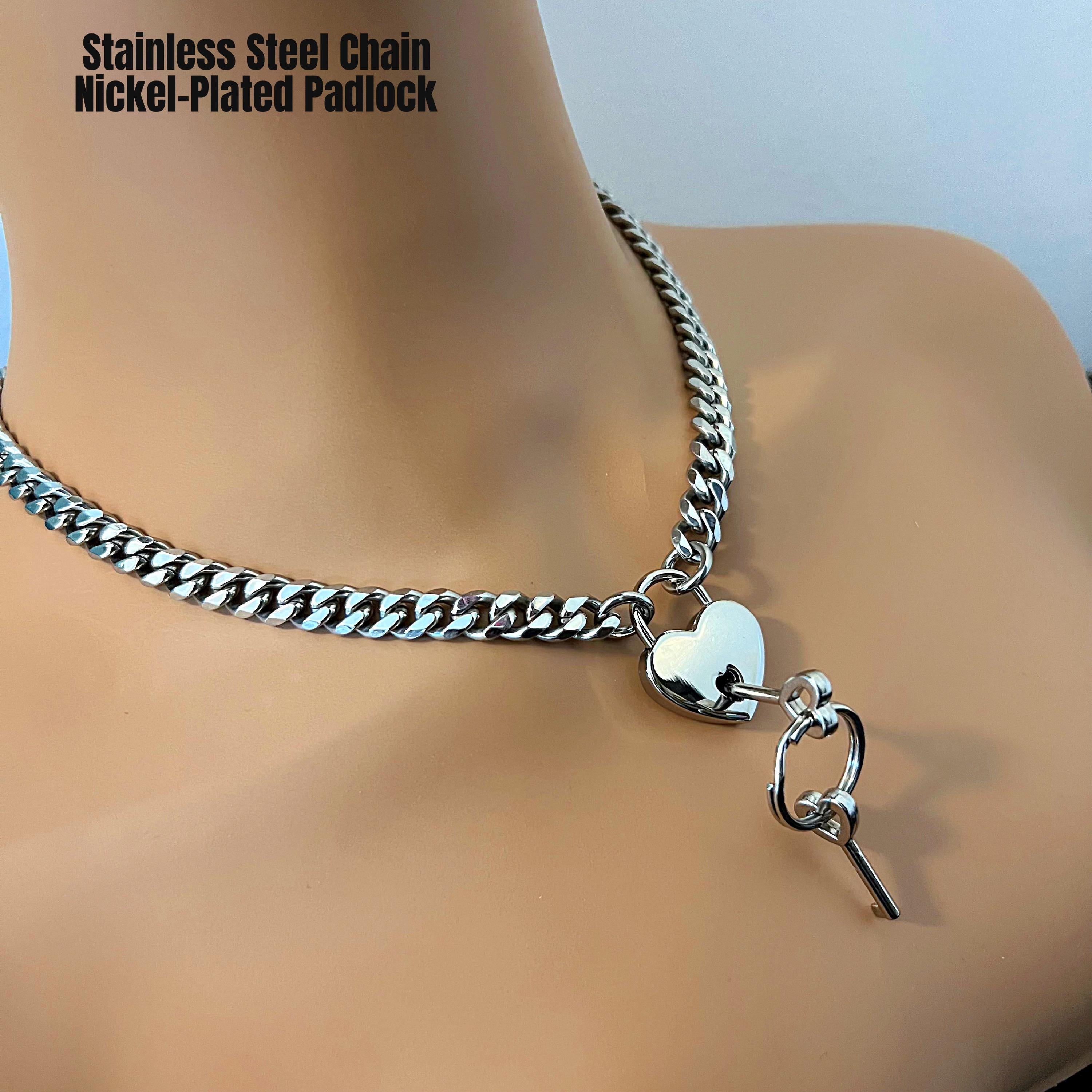 Discrete Chain & Padlock Day Collar SILVER 316L Stainless Steel w Small Nickel HEART Locking Slave Choker or Necklace