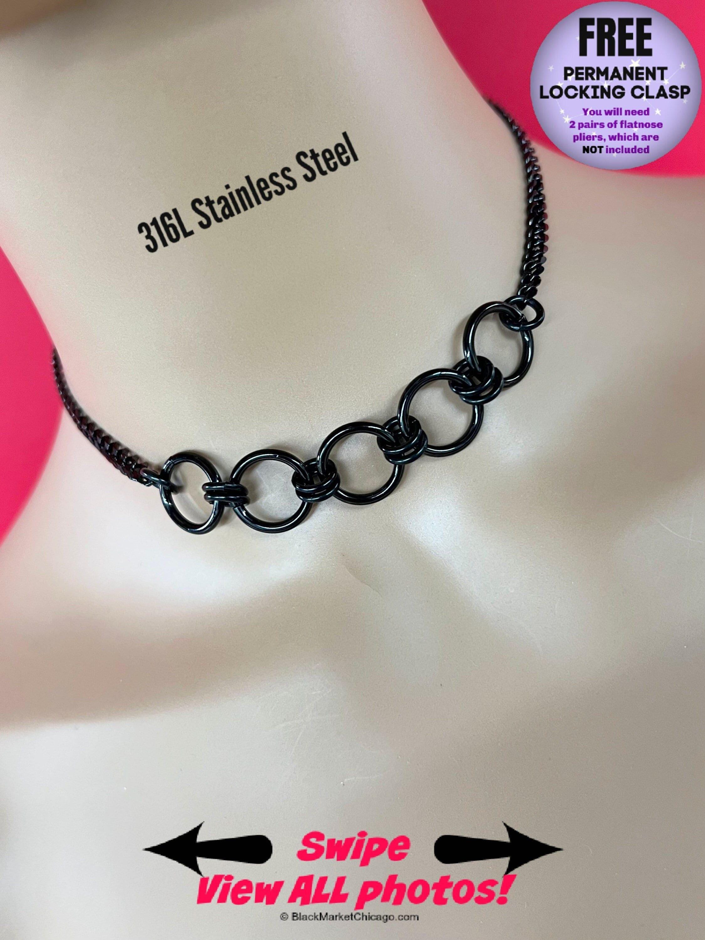 Permanently Locking Sub Day Collar or Mistress Necklace, Poly Family, BLACK Stainless Steel Chain, 24/7 Wear