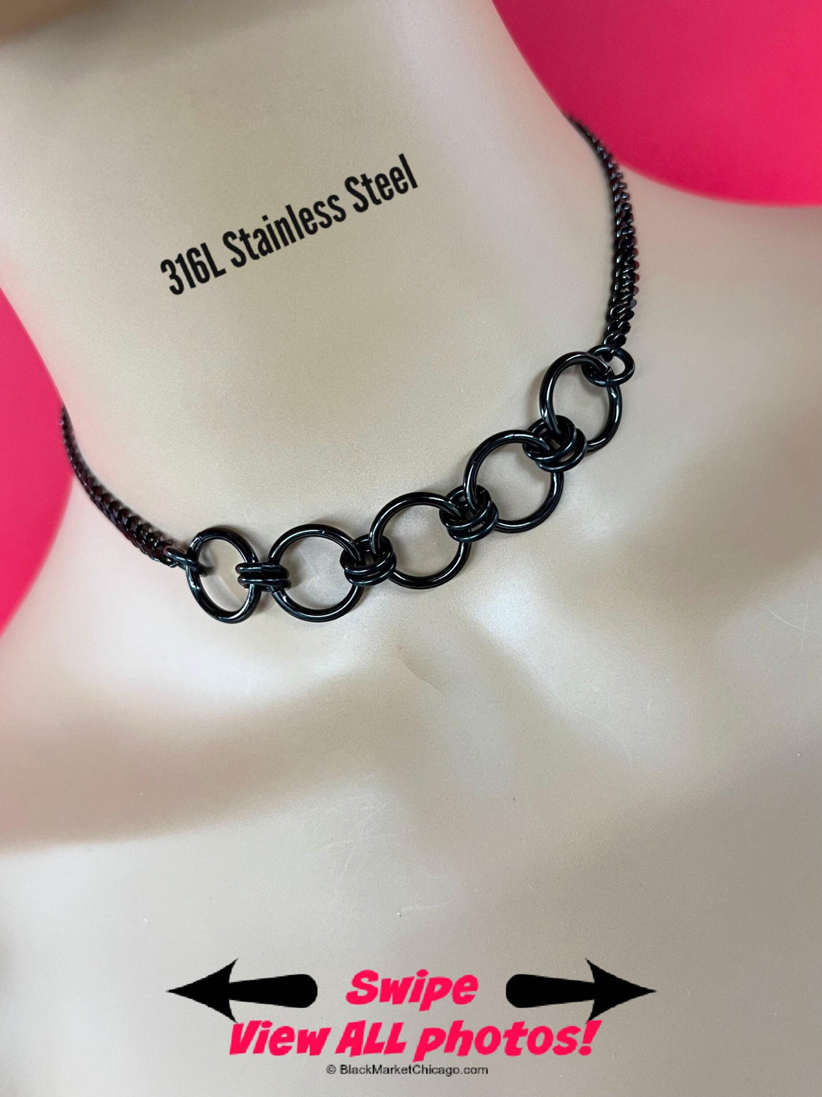 submissive day collar; black stainless steel, featuring 5 center rings secured by sturdy double jump rings, affixed to sparkly 6mm curb chain; waterproof and locking option