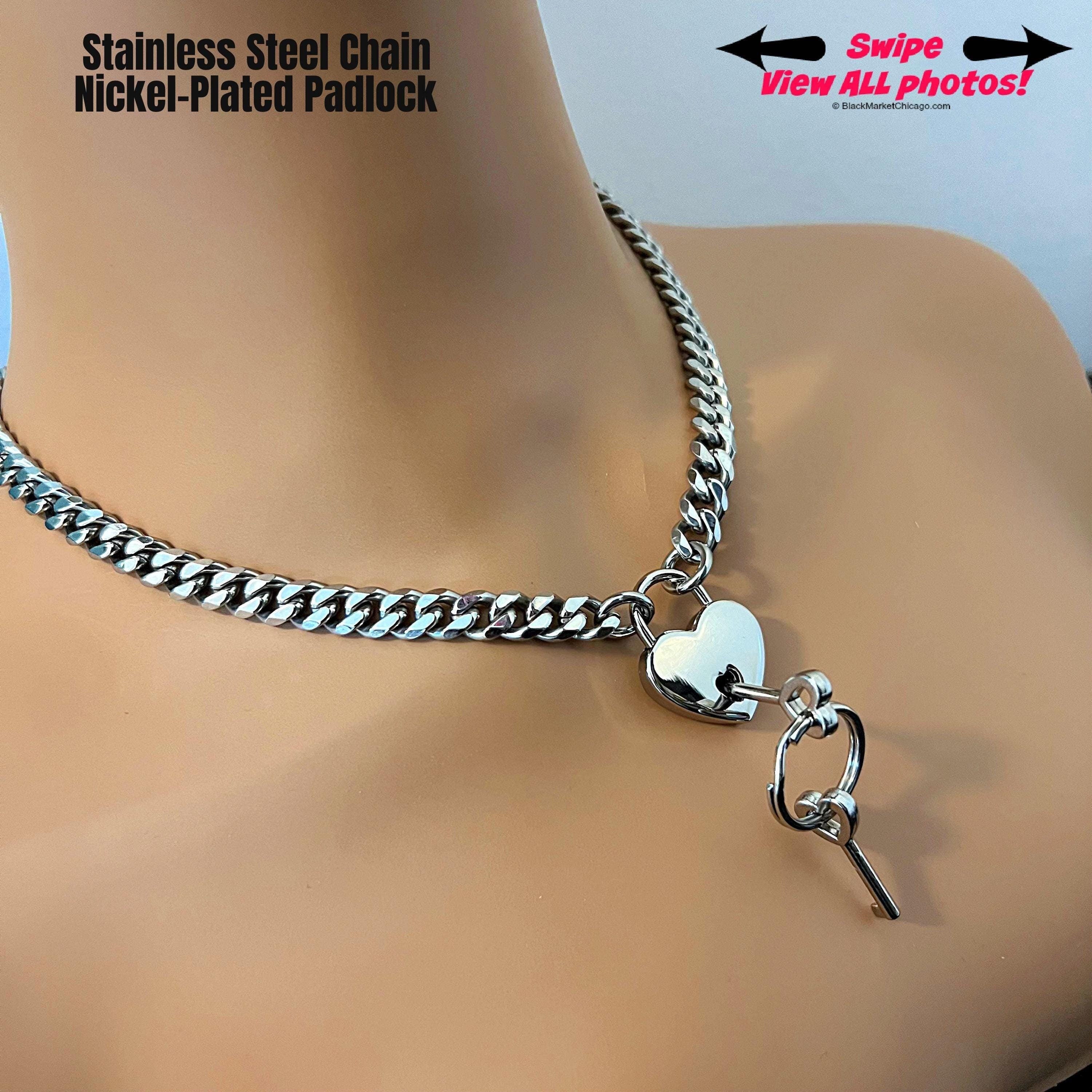 Discrete Chain & Padlock Day Collar SILVER 316L Stainless Steel w Small Nickel HEART Locking Slave Choker or Necklace
