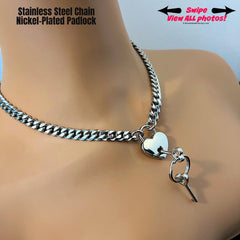 Discrete Chain & Padlock Day Collar SILVER 316L Stainless Steel w Small Nickel HEART Locking Slave Choker or Necklace