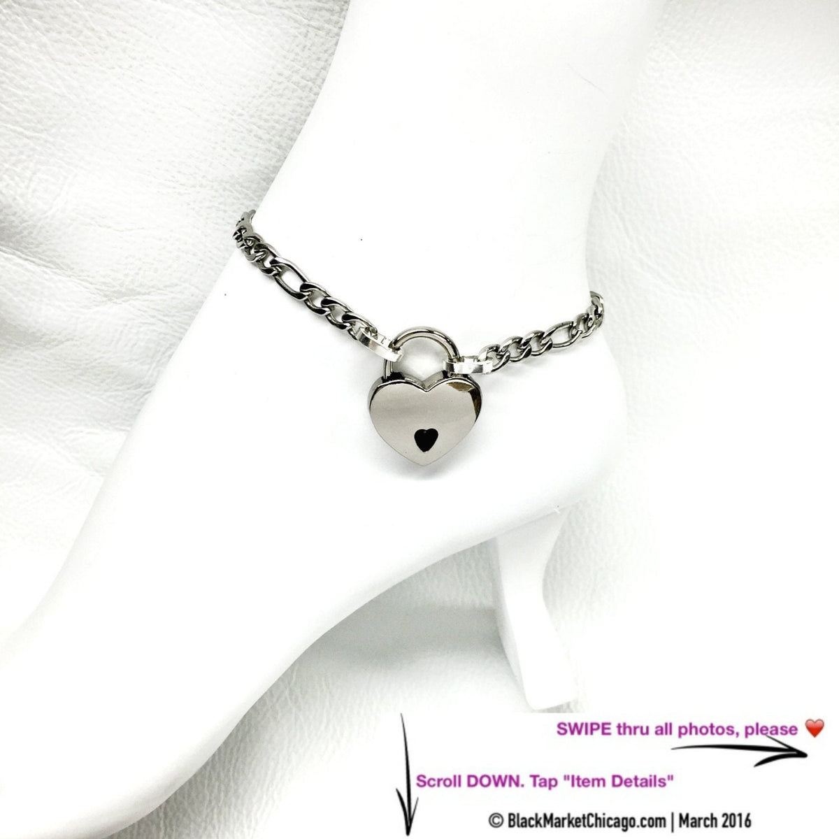 Submissive Locking Ankle Bracelet 316L Stainless Steel Figaro Chain and Nickel Padlock