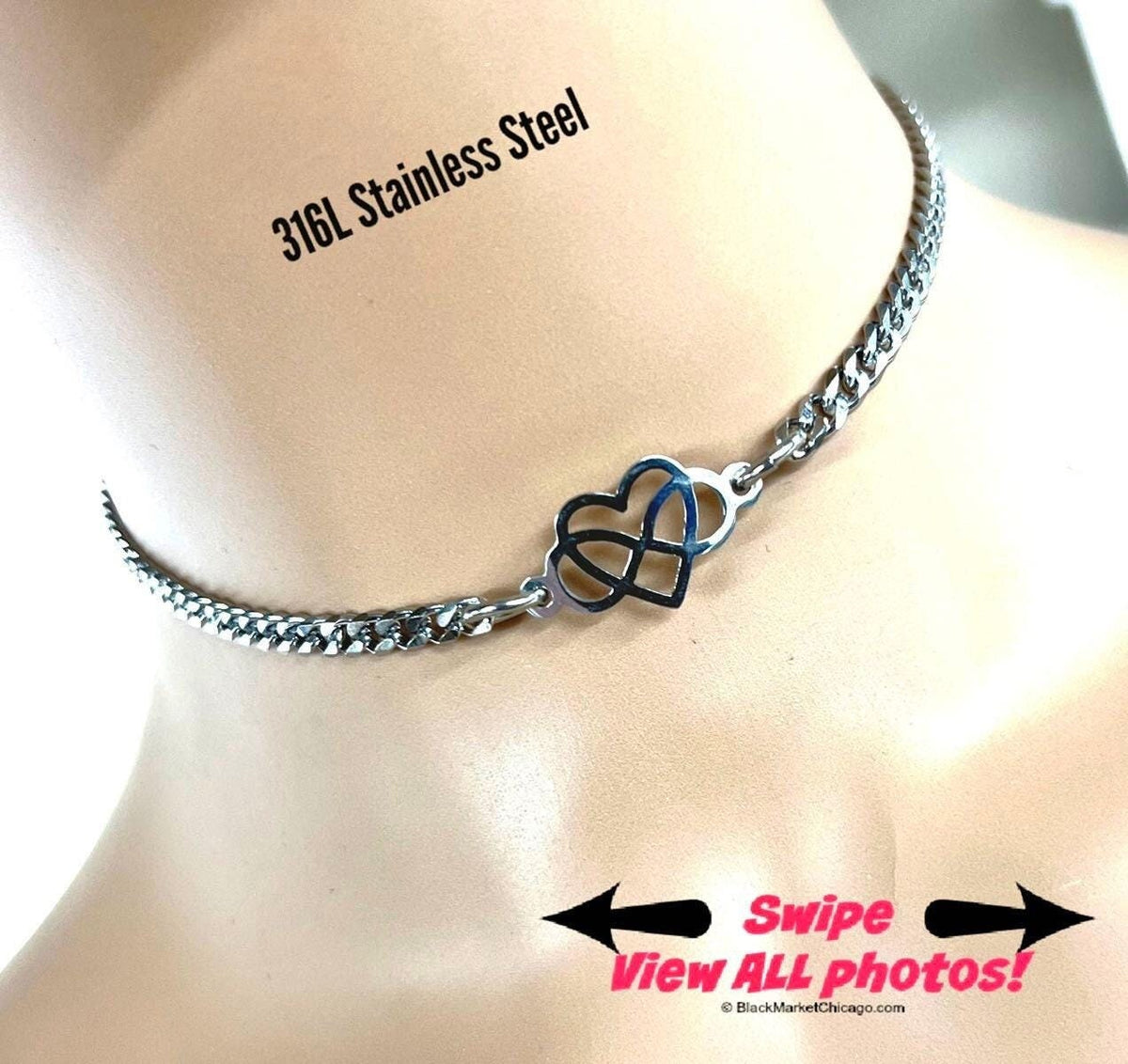 Polyamory Infinity in Heart, Discrete Day Collar Choker, Stainless Steel, Permanent 24/7 Locking Ring, Chain Necklace