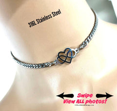 Polyamory Infinity in Heart, Discrete Day Collar Choker, Stainless Steel, Permanent 24/7 Locking Ring, Chain Necklace