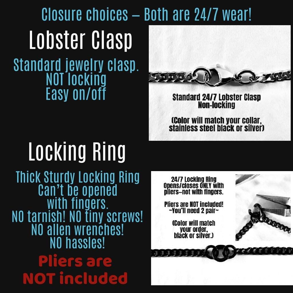 Permanently Locking Sub Day Collar or Mistress Necklace, Poly Family, BLACK Stainless Steel Chain, 24/7 Wear