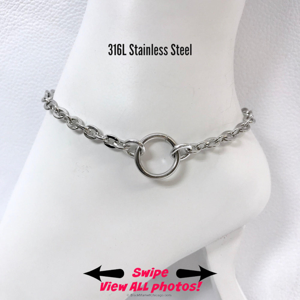 24/7 Discreet Daily Wear BDSM Ankle Bracelet 316L Stainless Steel Dainty Petite Cable Chain and O-Ring