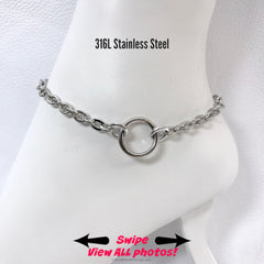 24/7 Discreet Daily Wear BDSM Ankle Bracelet 316L Stainless Steel Dainty Petite Cable Chain and O-Ring
