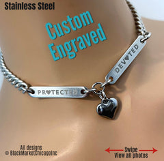 Day Collar, Puffy Heart, Engraved, 24/7 Stainless Steel, Waterproof, Lock Option