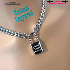 Submissive Day Collar Custom Engraved NICKEL Silver SQUARE Padlock 316L Stainless Steel Chain Locking Choker or Necklace