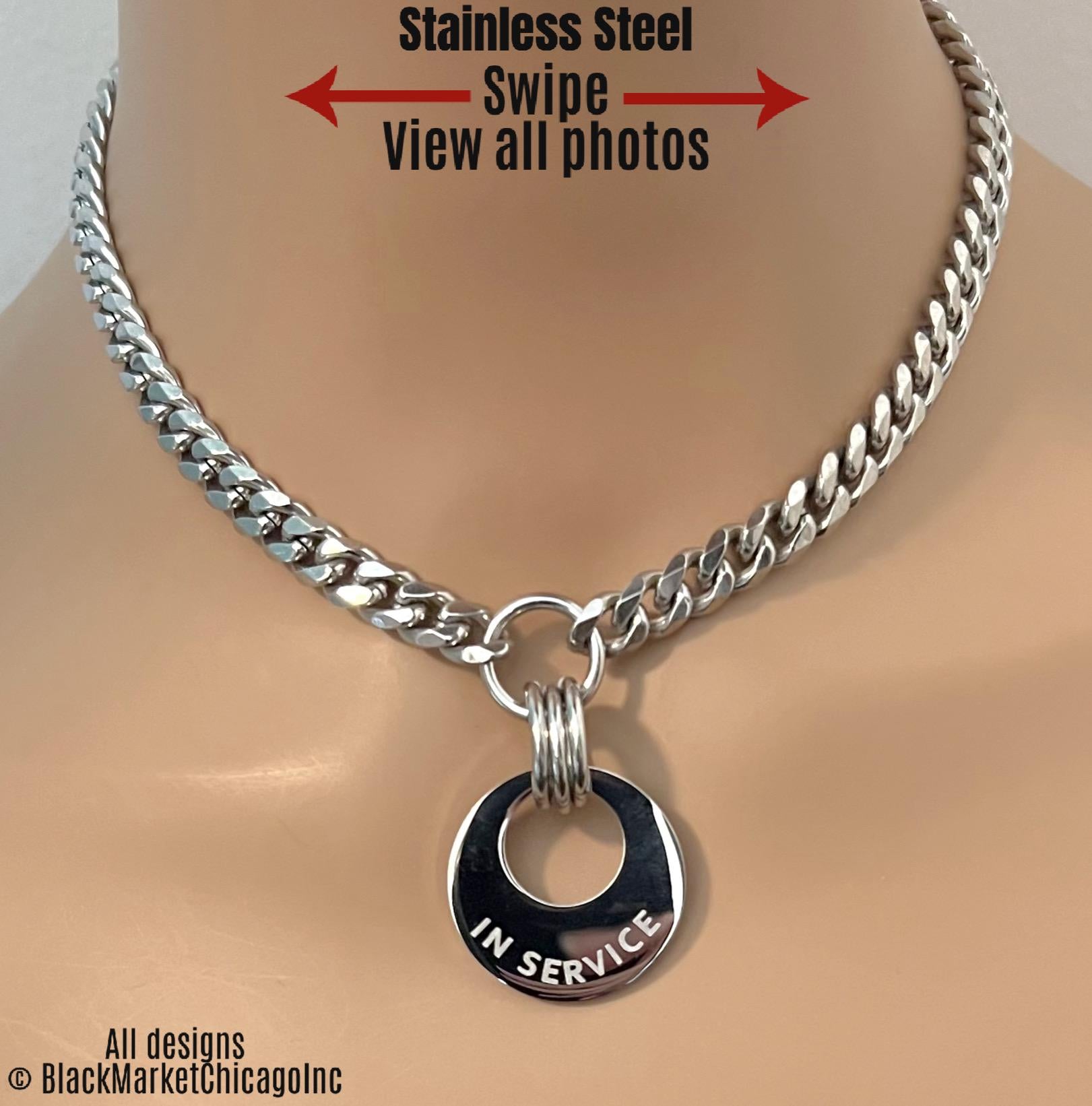 Submissive day collar; silver stainless steel curb chain necklace with a 1&quot; center round cut-out pendant engraved with &#39;IN SERVICE&#39; or any brief 12-character word or phrase of choice; sturdy, waterproof, lockable option.