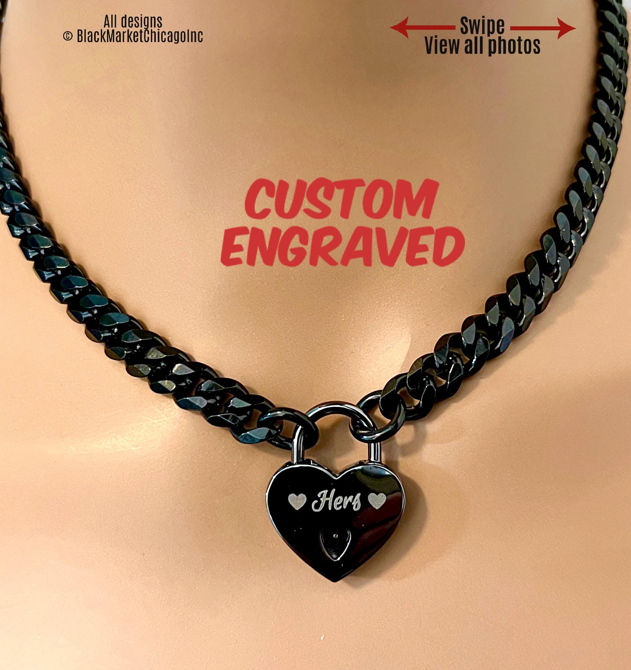 Custom Engraved Lock Day Collar GUNMETAL Black 316L Stainless Steel Chain and SMALL Heart Padlock Locking Choker or Necklace