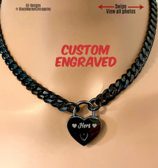 Custom Engraved Lock Day Collar GUNMETAL Black 316L Stainless Steel Chain and SMALL Heart Padlock Locking Choker or Necklace
