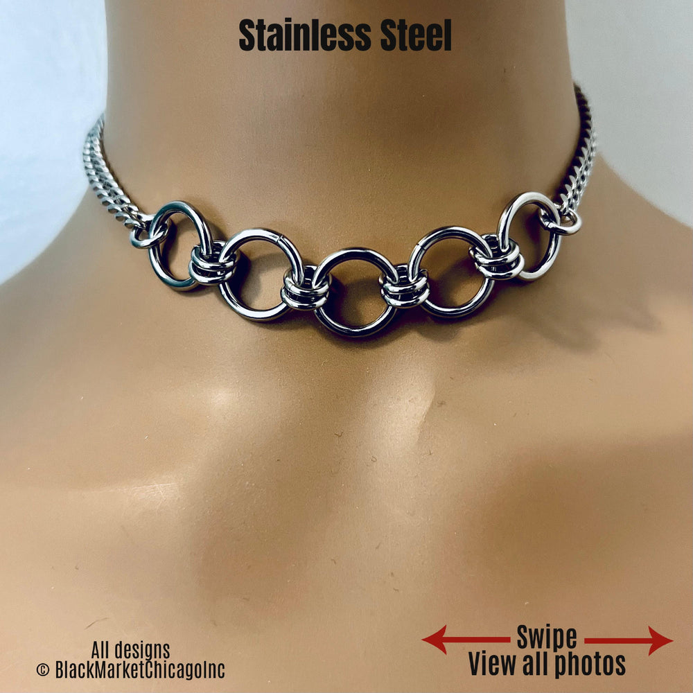 Permanently Locking Sub Day Collar or Mistress Necklace, Poly Family, SILVER Stainless Steel Chain, 24/7 Wear